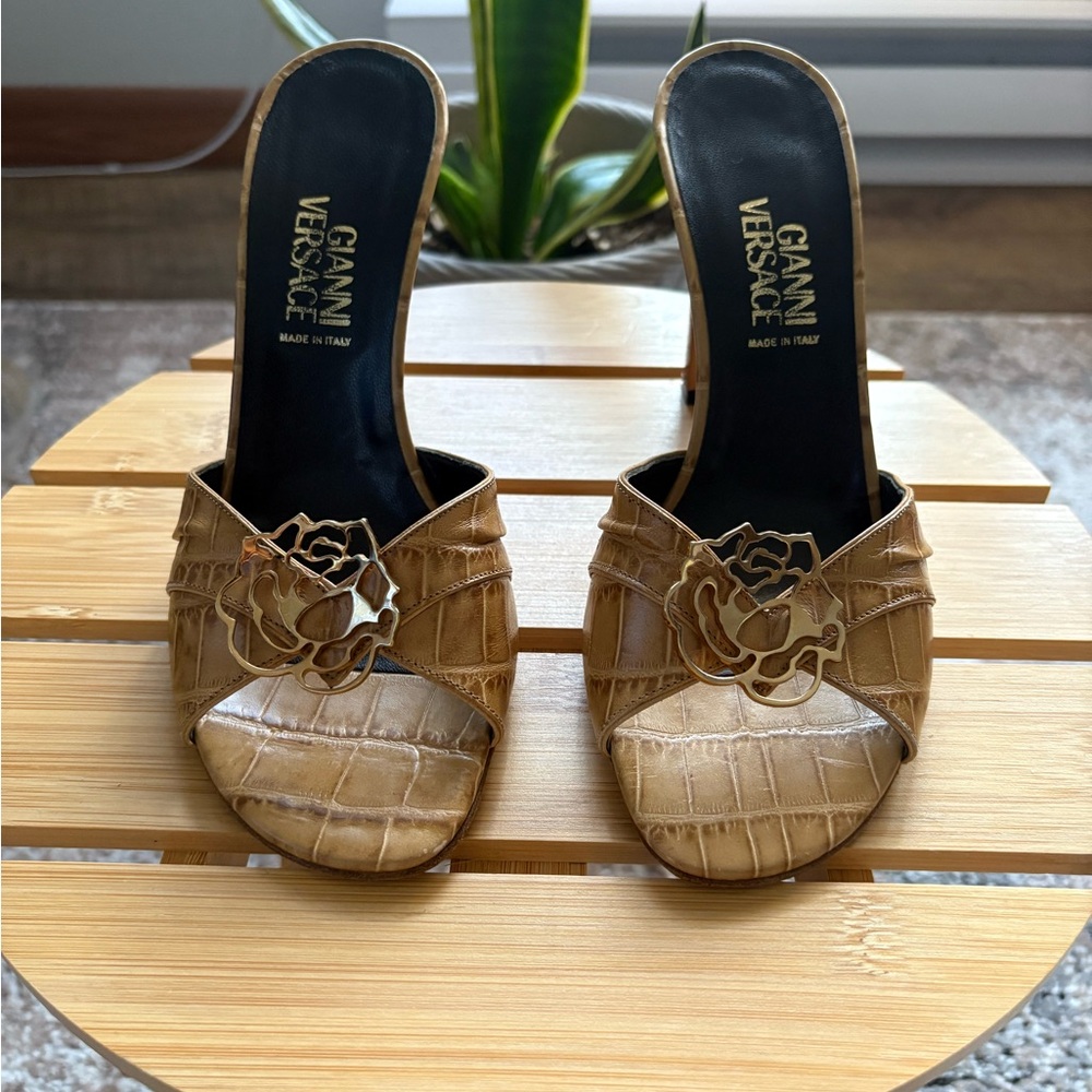 Versace Brown Croc-Embossed Mules with Gold Detail